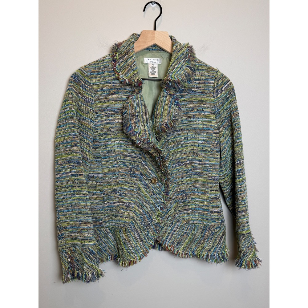 Laura Ashley Petite S‎ Blazer Jacket Green Tweed Fringe Colorful Academic Pearl
